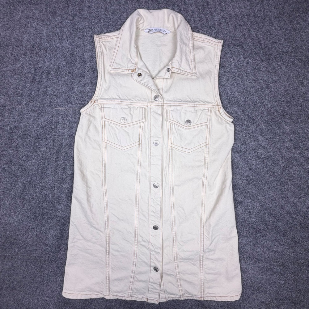 Zara Women Cream Denim Mini Dress Sleeveless Button Down Off White Size Small